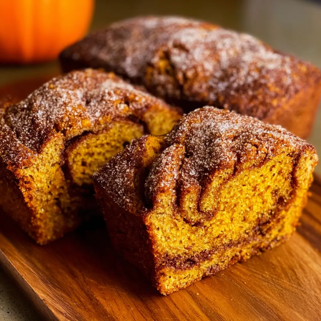 Cinnamon Swirl Pumpkin Bread Mini Loaves on a wooden board showing the cinnamon ribbon