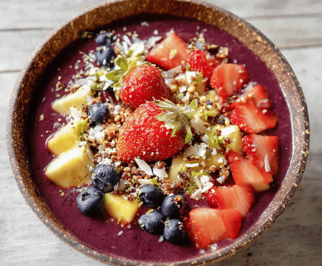 Colorful acai bowls with fresh fruits, granola, and honey on a white plate for a healthy breakfast.