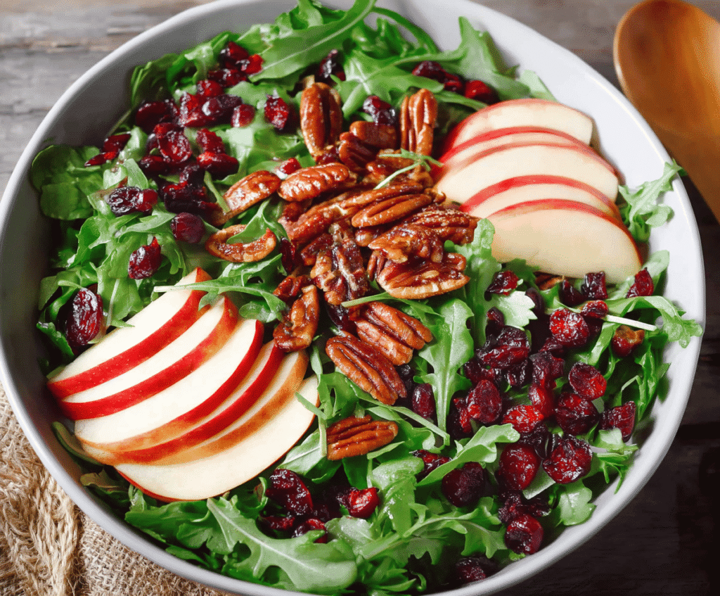 Fresh arugula salad with sliced apples, dried cranberries, and toasted pecans, perfect for a healthy meal.