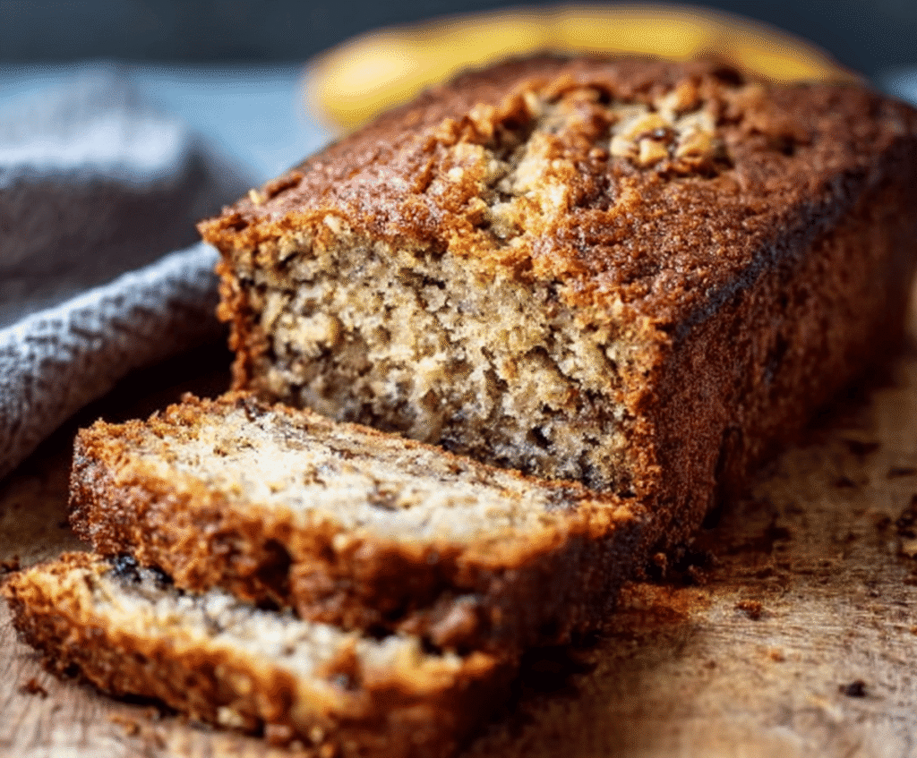 Delicious, moist banana bread fresh out of the oven, topped with walnuts and ripe bananas.