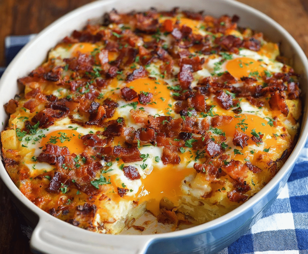 Delicious Bacon Potato Egg Breakfast Casserole with crispy bacon, tender potatoes, and fluffy eggs in a baking dish.