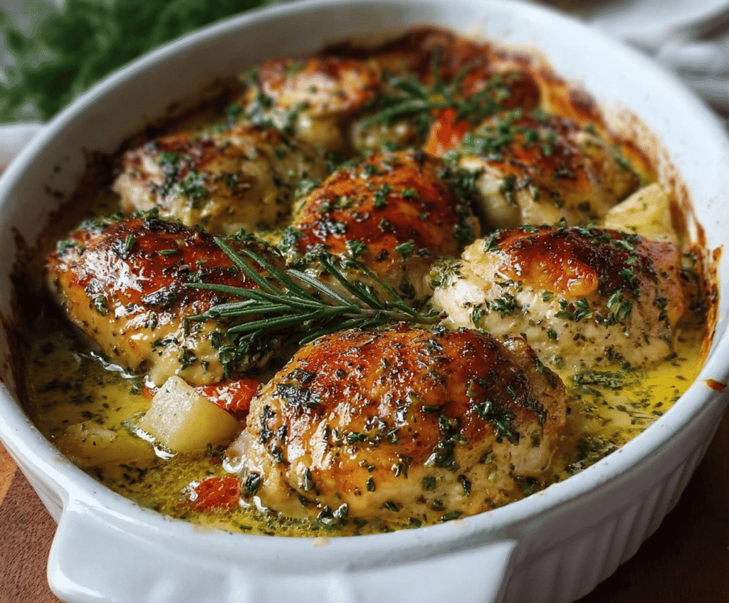 Delicious baked herb chicken casserole served hot with fresh herbs and vegetables.
