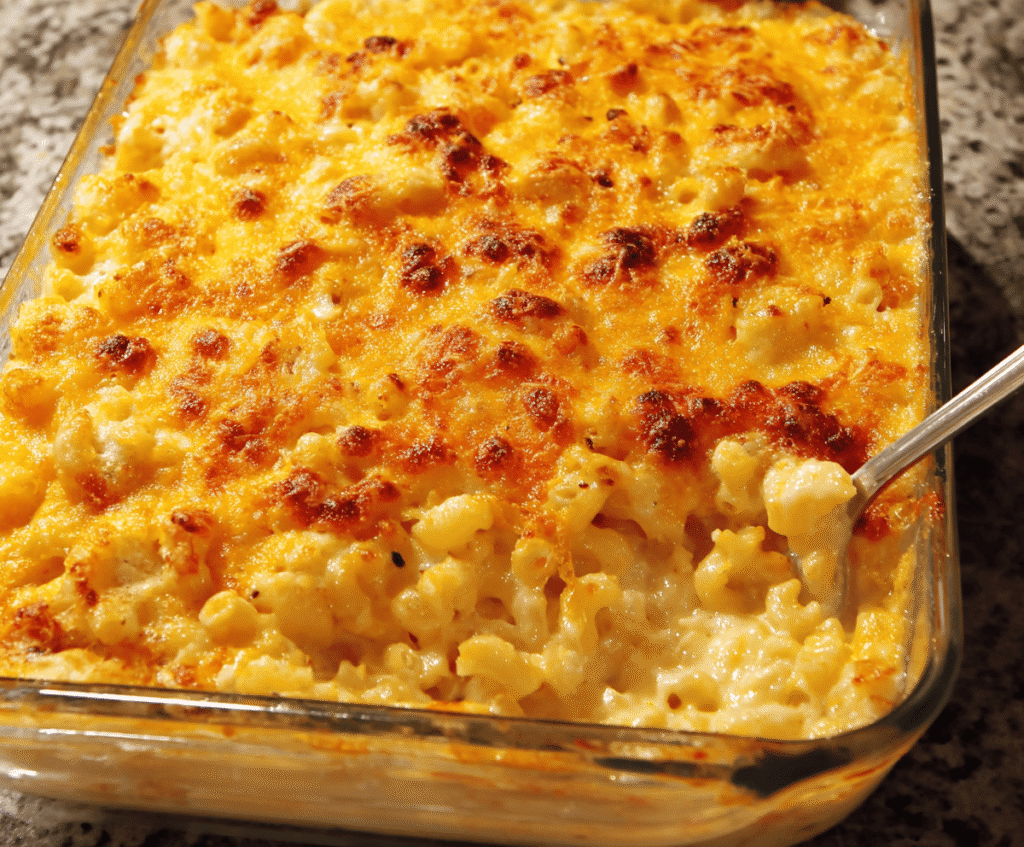 Delicious baked mac and cheese with golden crispy topping served in a white dish