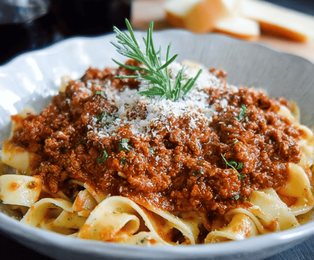Tasty beef bolognese sauce served over pasta, perfect for a hearty meal.