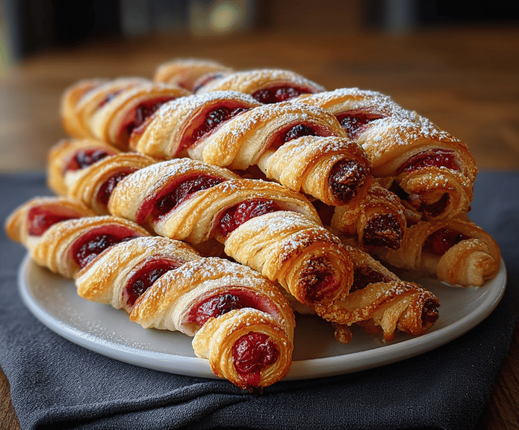 Delicious Berry Puff Twists with fresh mixed berries and flaky puff pastry served as a tasty snack.