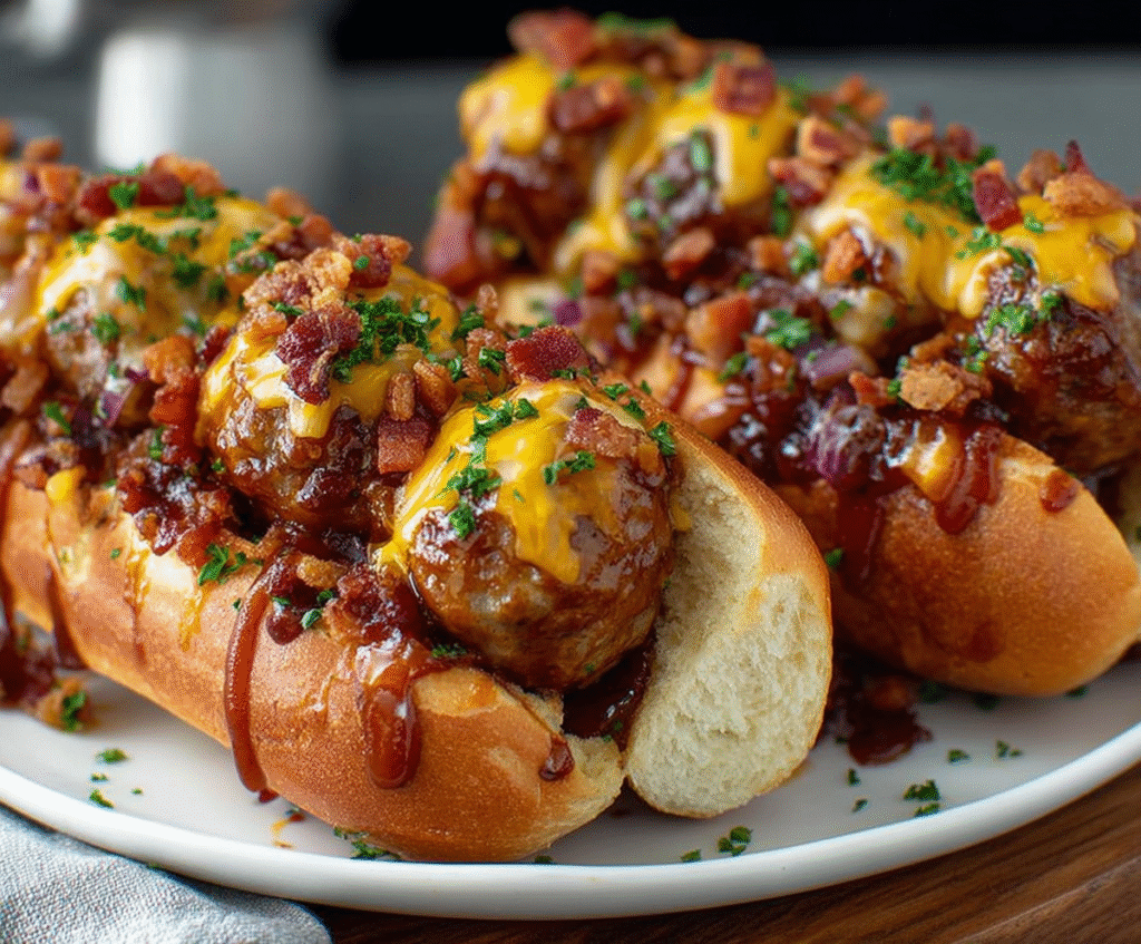 Delicious Bourbon BBQ Bacon Cheeseburger Meatball Subs layered with melted cheese and crispy bacon.