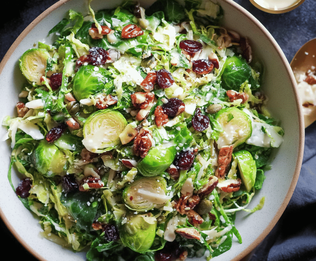 Bright and fresh Brussels sprout salad with cranberries and walnuts on a white plate.