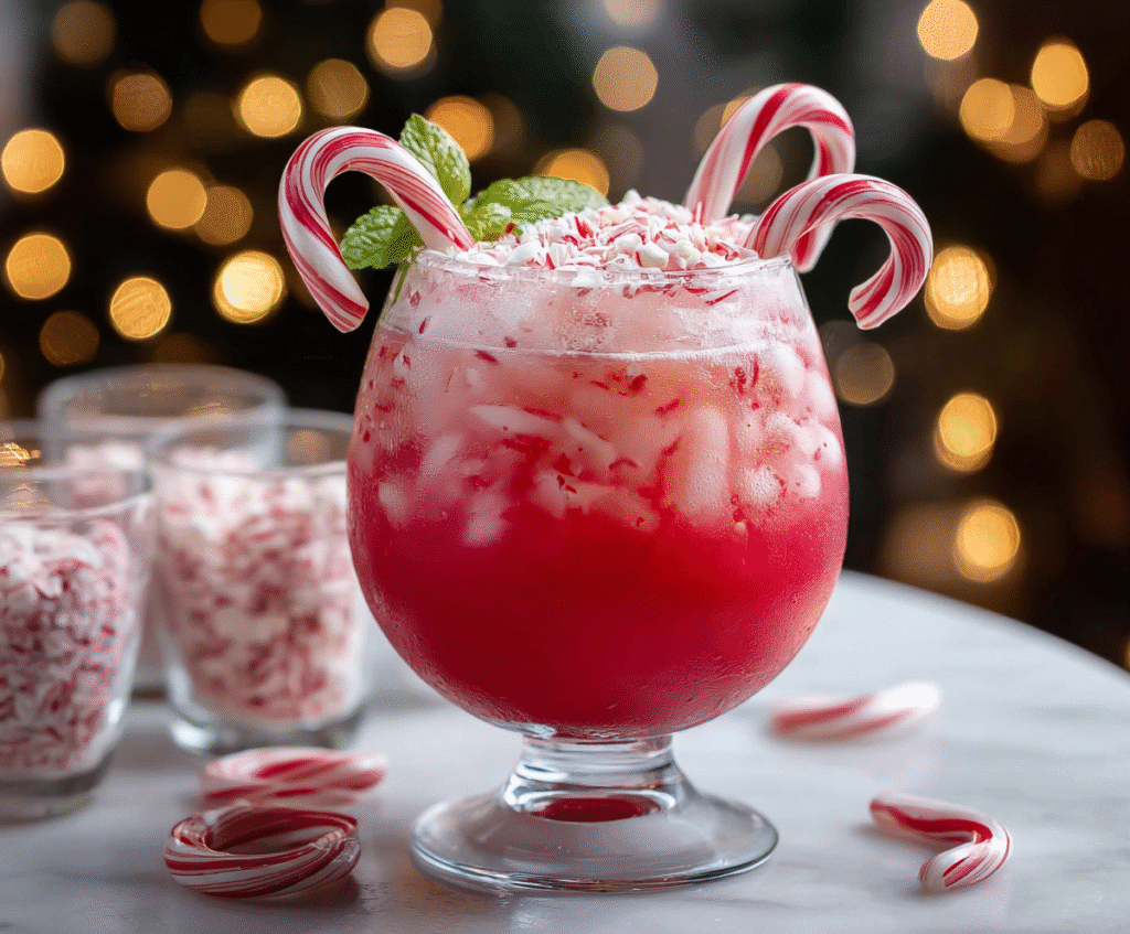 Festive Candy Cane Mocktail served in a glass with peppermint garnish for a holiday celebration