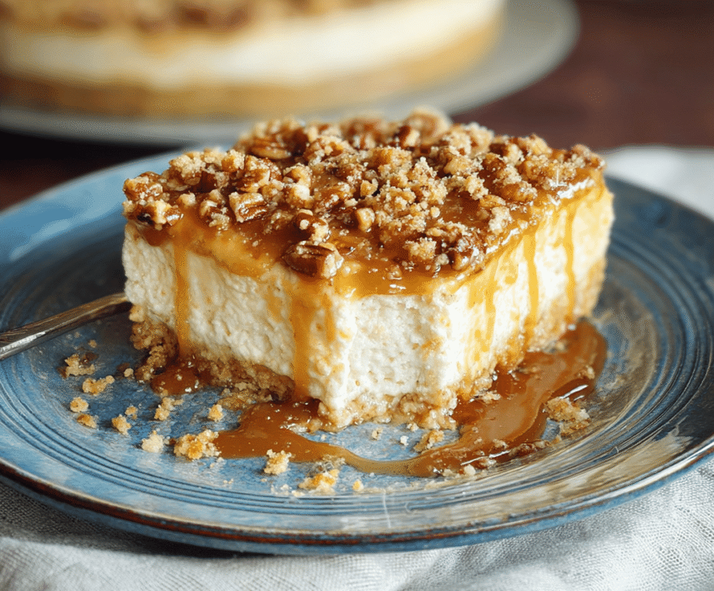 Delicious Caramel Pecan No-Bake Cheesecake topped with caramel sauce and chopped pecans.