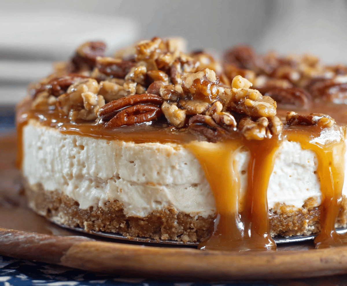 Easy Caramel Pecan No-Bake Cheesecake