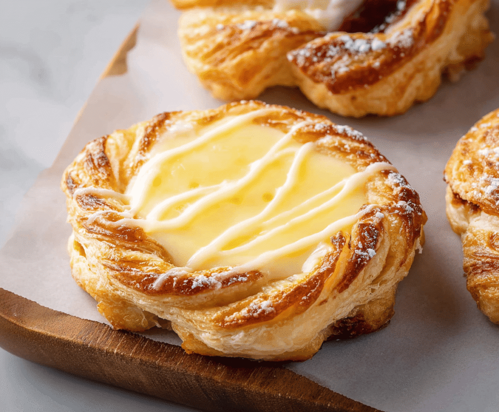 Delicious cheesecake Danish pastry with a golden, flaky crust and creamy filling, perfect for breakfast or dessert.