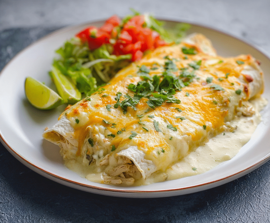 Savory cheesy chicken enchiladas topped with melted cheese and served with a creamy sauce.