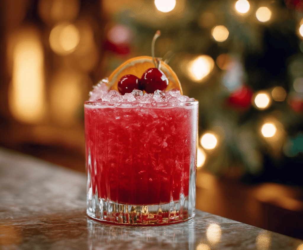 Refreshing Cherry Christmas Mocktail with bright red cherries and festive garnishes in a clear glass.