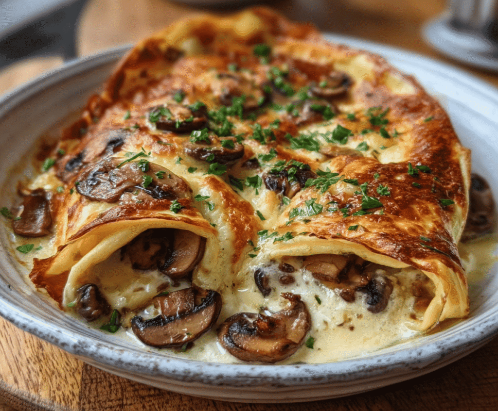 Delicious chicken and mushroom crepe bake served on a plate, showcasing a golden, cheesy crust.