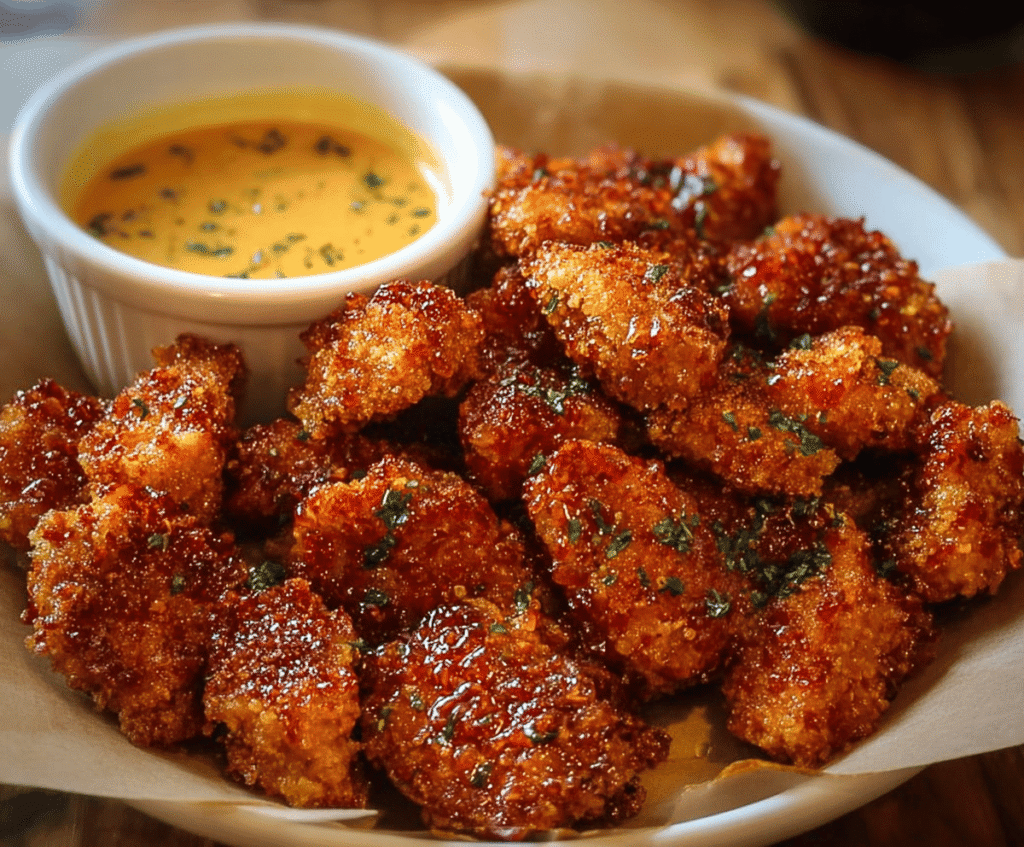 Juicy cowboy butter chicken bites garnished with herbs on a rustic plate for a delicious appetizer.