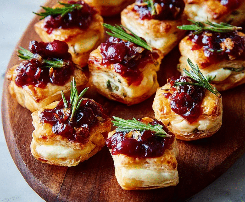 Golden cranberry brie puff pastry bites garnished with fresh herbs, perfect for appetizers and parties.