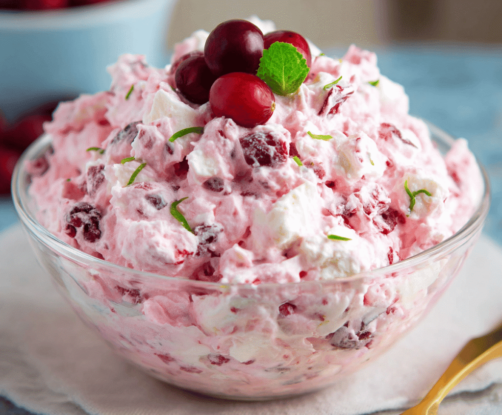 Creamy cranberry fluff salad with whipped topping and fresh cranberries, perfect for holiday desserts.