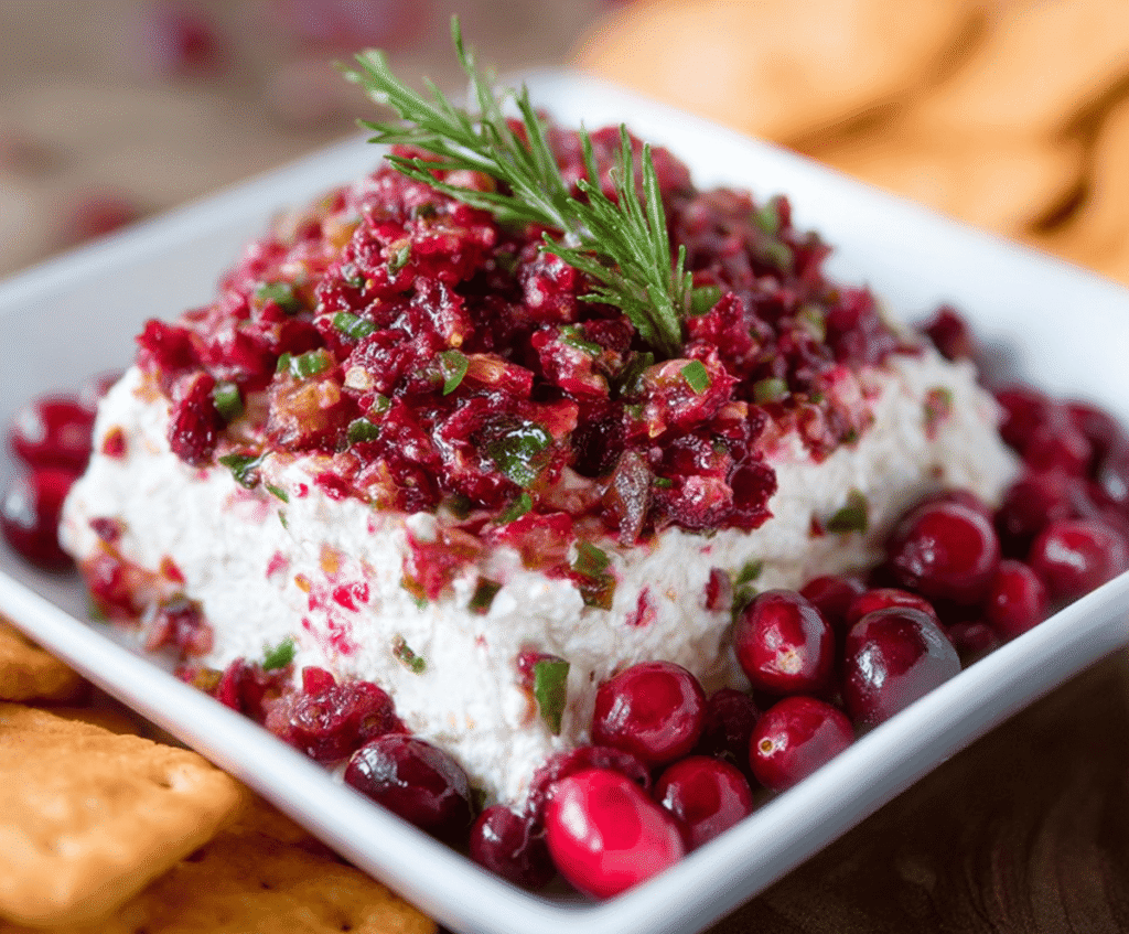 Creamy cranberry jalapeno cream cheese dip served with fresh crackers and vegetables, perfect for parties.