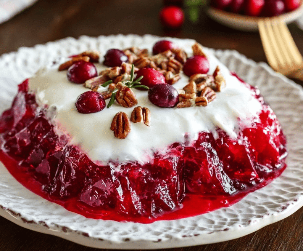 Vibrant cranberry jello salad topped with a creamy layer of cream cheese, perfect for holiday gatherings.