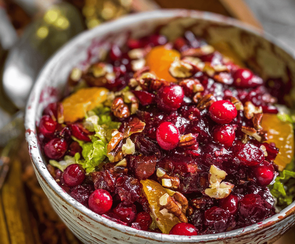 Delicious cranberry salad perfect for Thanksgiving dinner with fresh cranberries and seasonal ingredients.