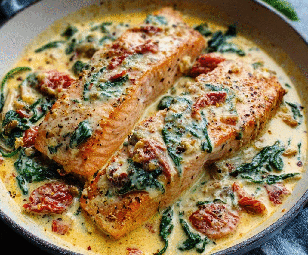 Delicious creamy Tuscan salmon dish with fresh herbs and cherry tomatoes served on a white plate.