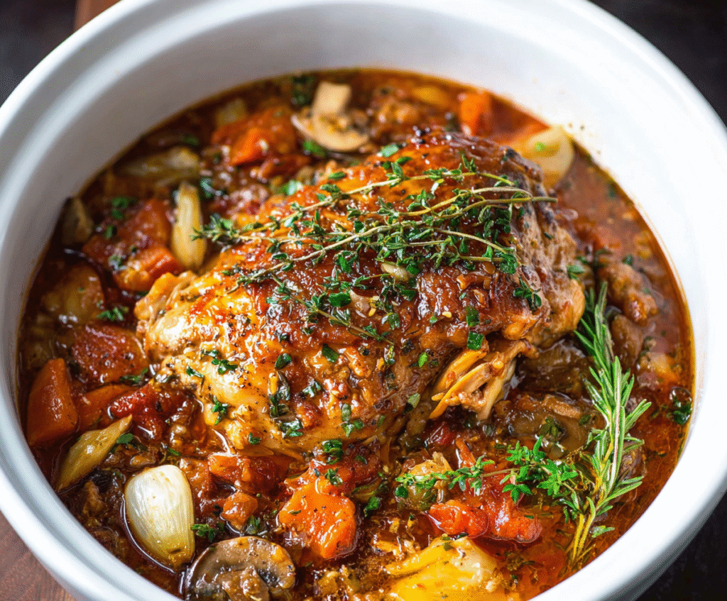 Delicious Crockpot Chicken Thigh Pot Roast with vegetables and herbs in a slow cooker.