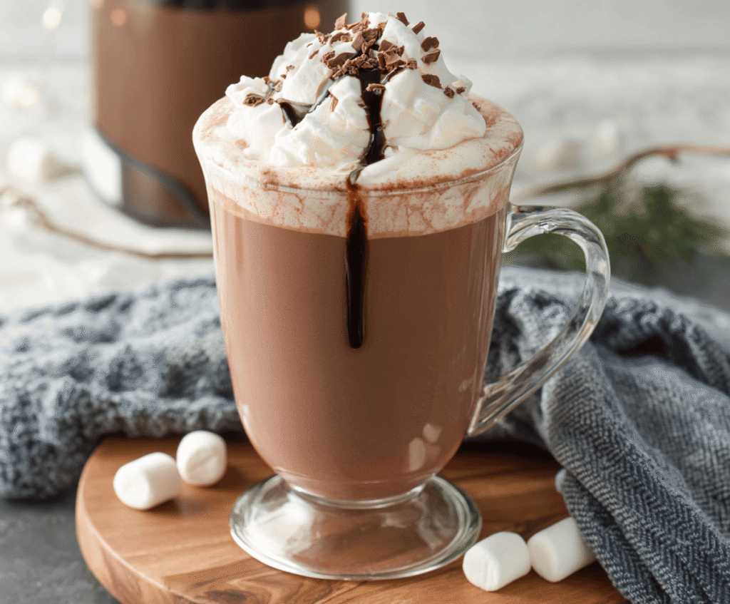 Creamy Crockpot Hot Chocolate garnished with whipped cream and chocolate shavings in a cozy kitchen setting.
