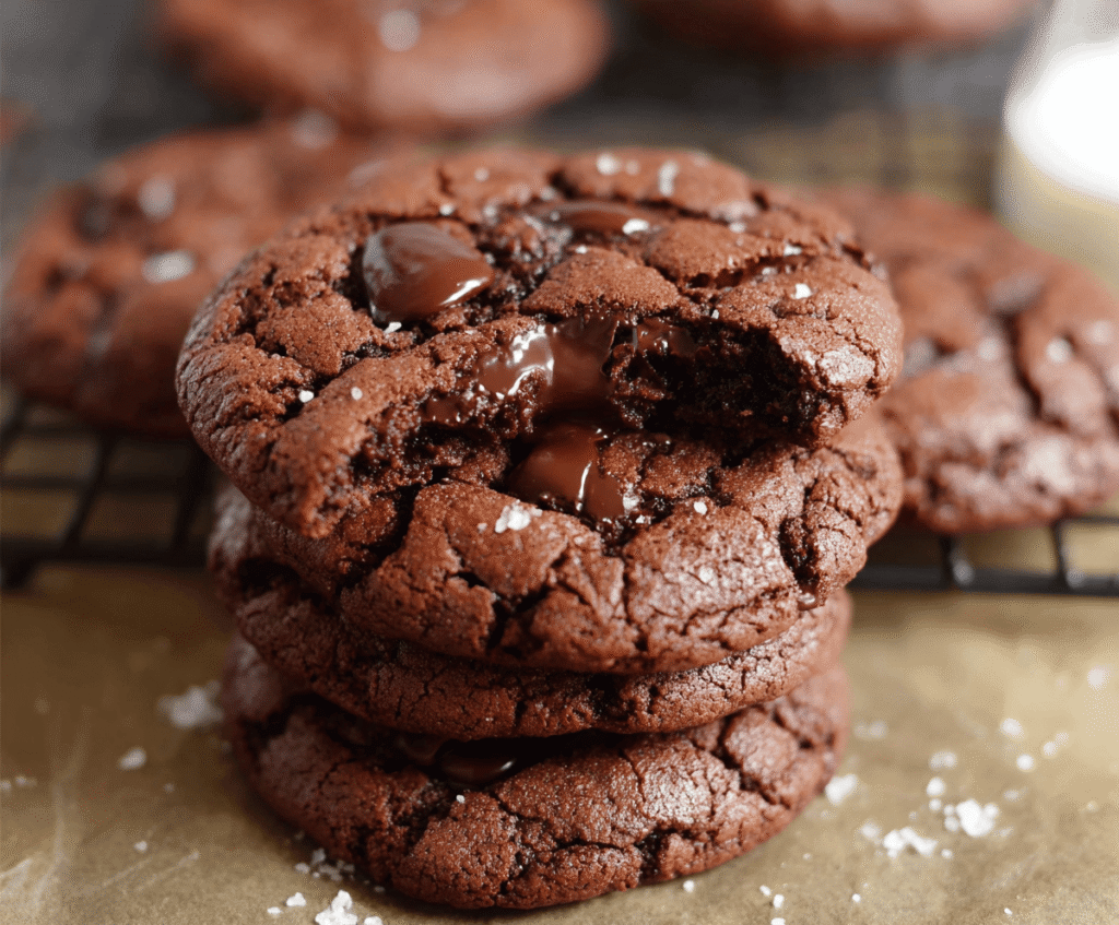Delicious homemade double chocolate chip cookies with gooey chocolate chunks.