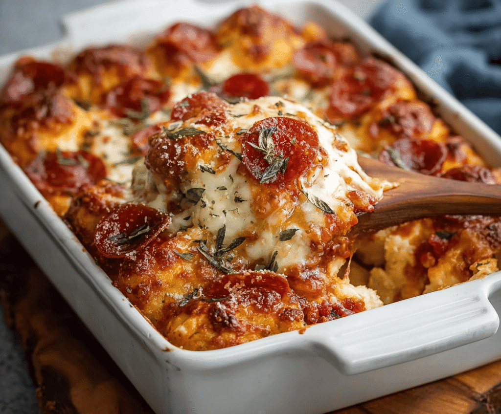 Delicious Easy Bubble Up Pizza Casserole with melted cheese, pepperoni, and fresh toppings in a baking dish.