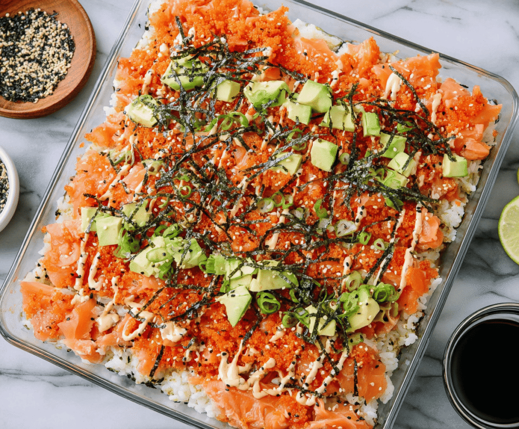 Delicious Easy Salmon Sushi Bake served in a baking dish with fresh ingredients