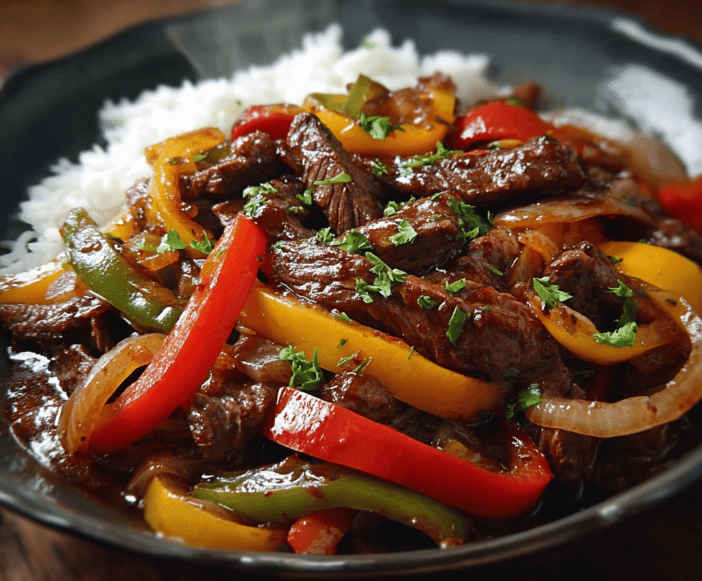 Delicious Easy Slow Cooker Pepper Steak served on a plate with colorful vegetables