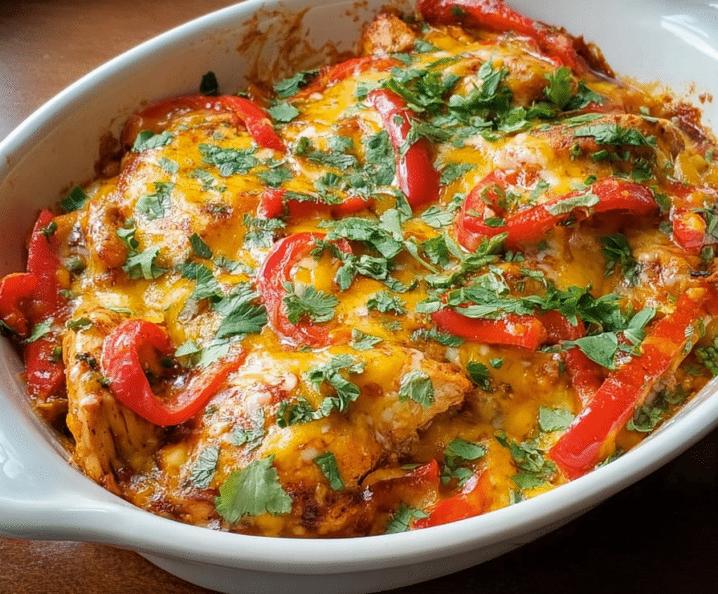 Delicious fajita chicken casserole topped with melted cheese and fresh vegetables