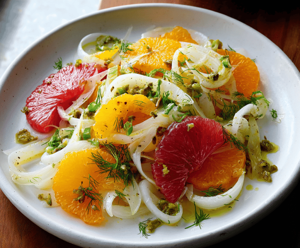 Fresh fennel and citrus salad with orange slices and fennel bulbs on a white plate, healthy summer dish.