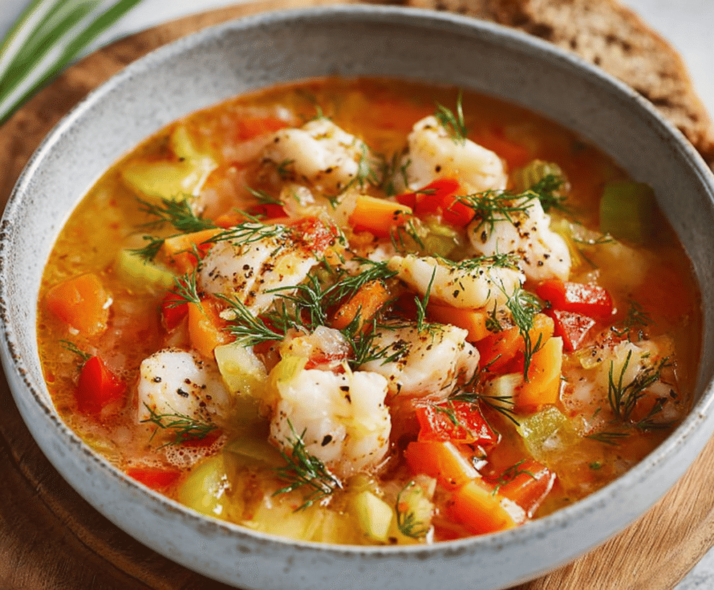 Delicious homemade fish soup with fresh vegetables and herbs