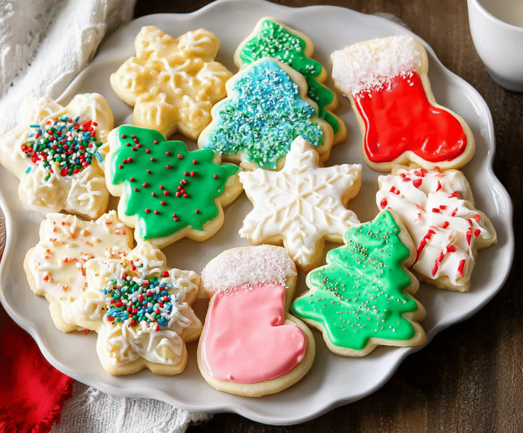 Decorative frosted sugar cookies in cut-out style with colorful icing and sprinkles.