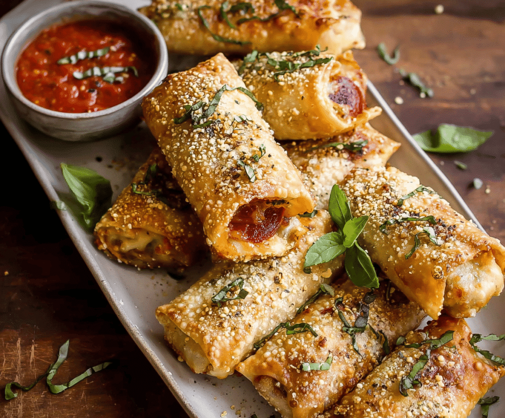 Delicious garlic butter pizza egg rolls with cheesy filling and crispy exterior