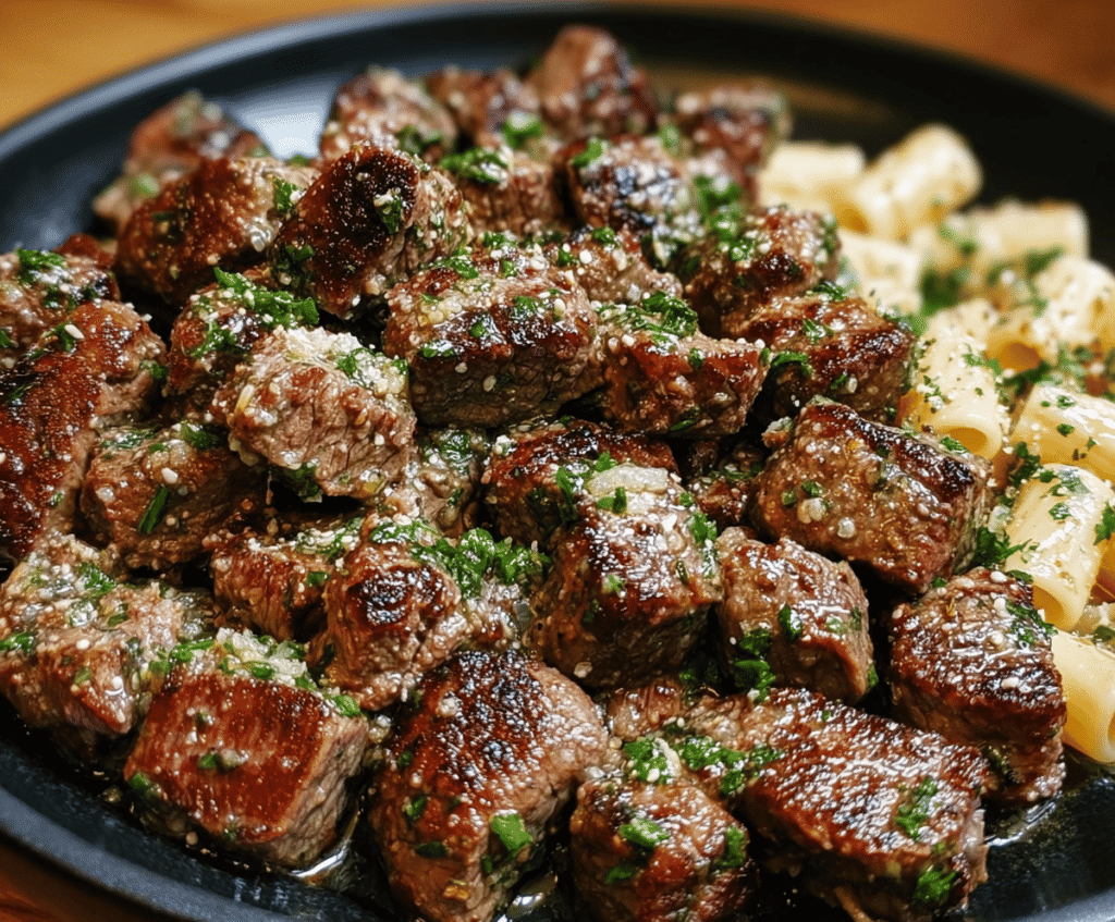 Delicious garlic butter steak bites served on a plate, garnished with fresh herbs.