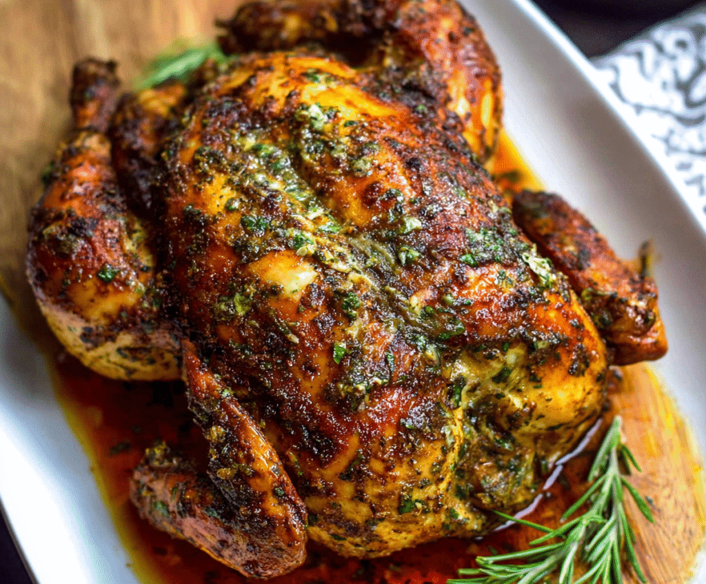 Juicy Garlic Herb Butter Roast Chicken garnished with fresh herbs on a serving platter.