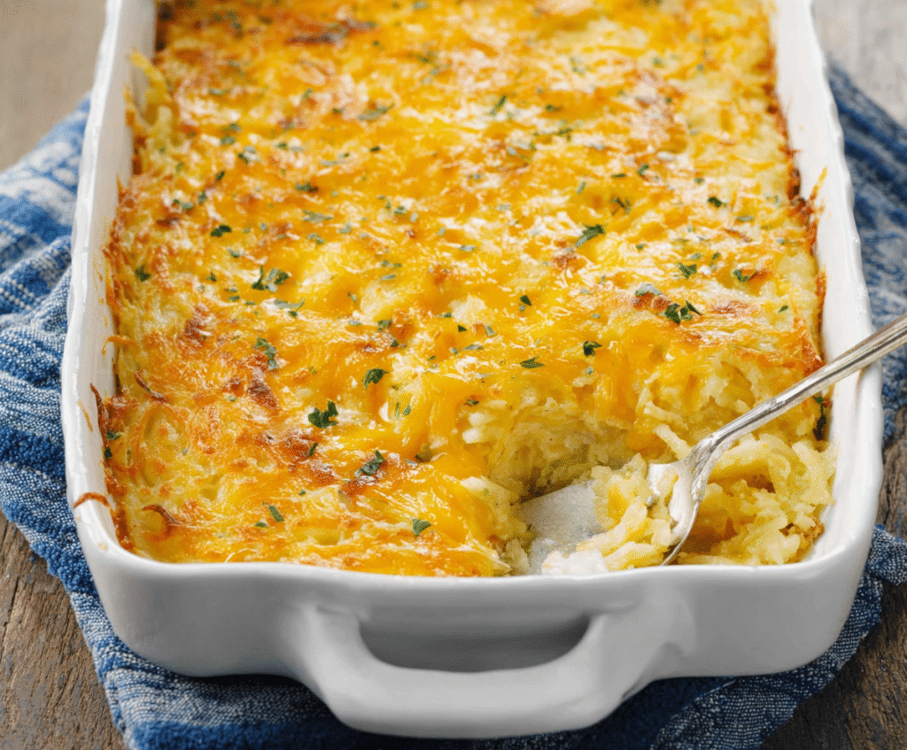 Delicious hashbrown casserole recipe with crispy golden potatoes and melted cheese.