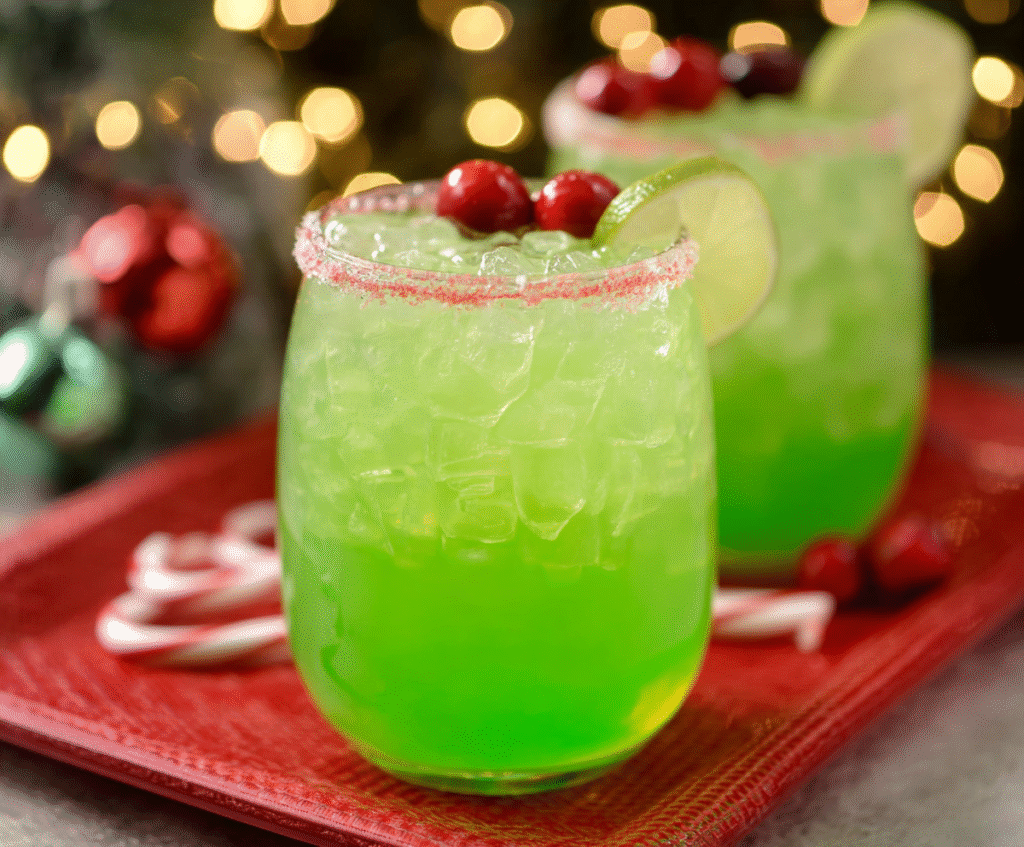Vibrant green healthy Grinch punch in a clear glass pitcher with lime slices and mint leaves, perfect for festive celebrations.