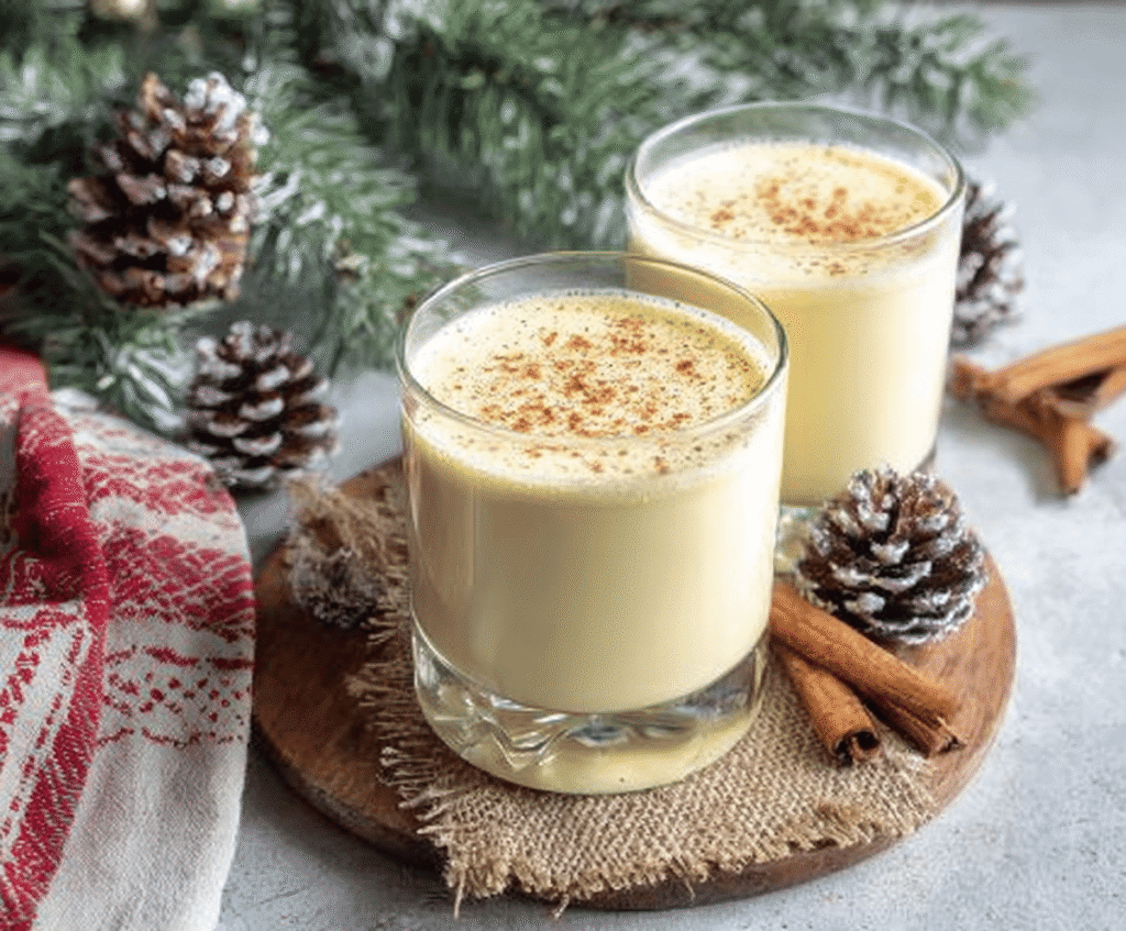 Creamy homemade eggnog in a glass, garnished with nutmeg and cinnamon for a festive holiday drink.