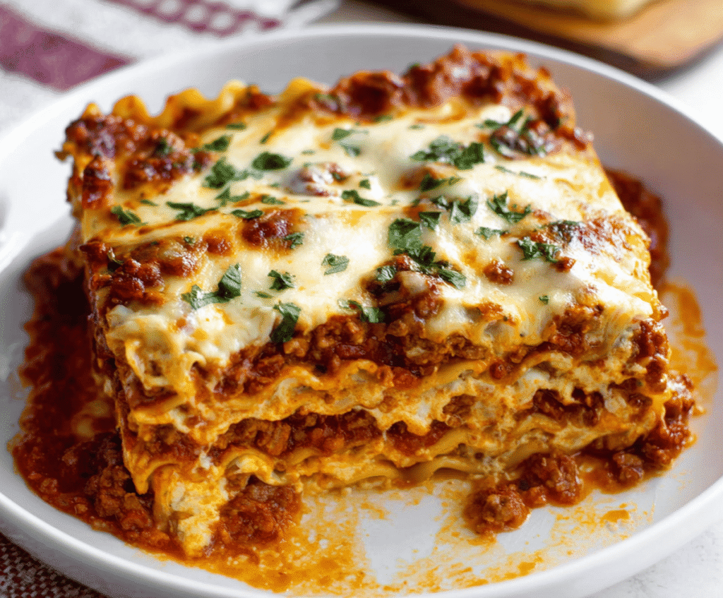 Homemade lasagna with layers of cheese, pasta, and rich tomato sauce on a baking dish.