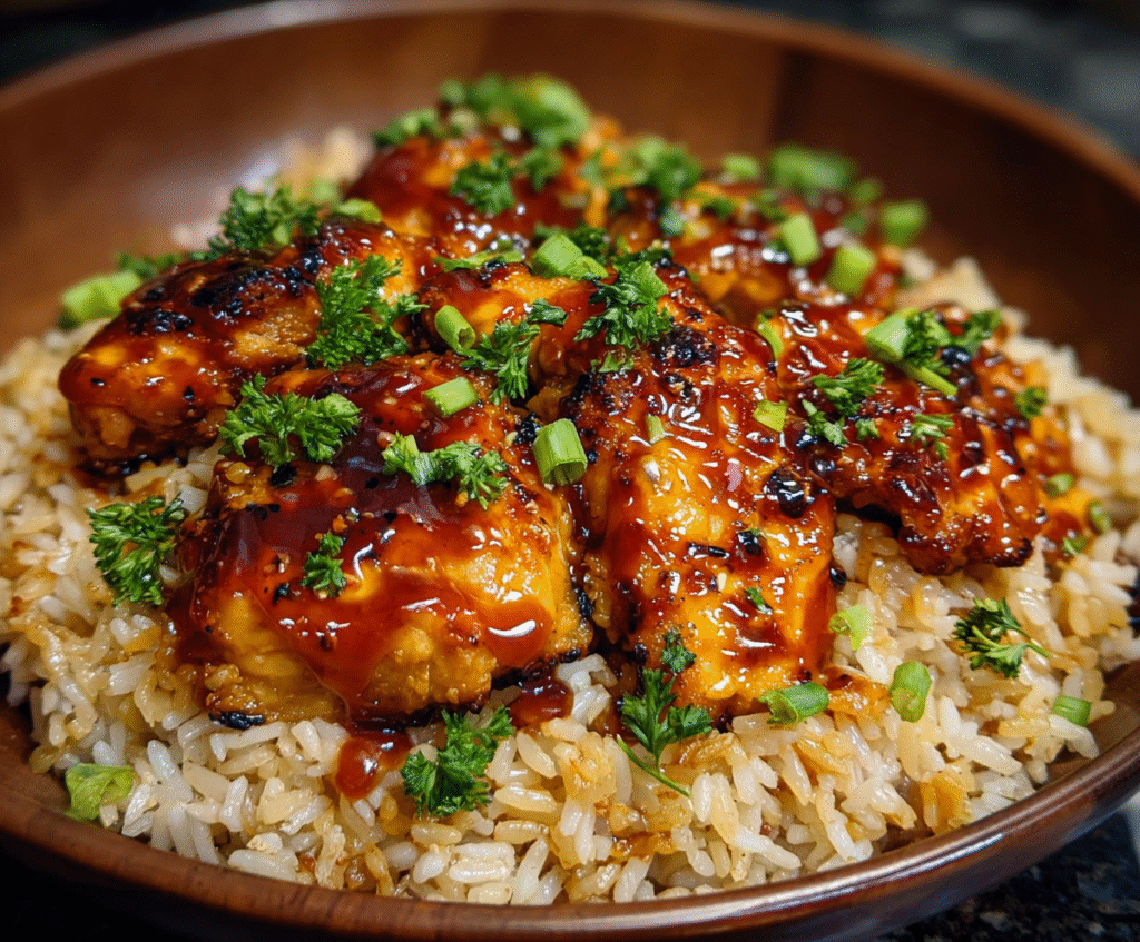 Delicious Honey BBQ chicken served with flavorful rice on a dinner plate.