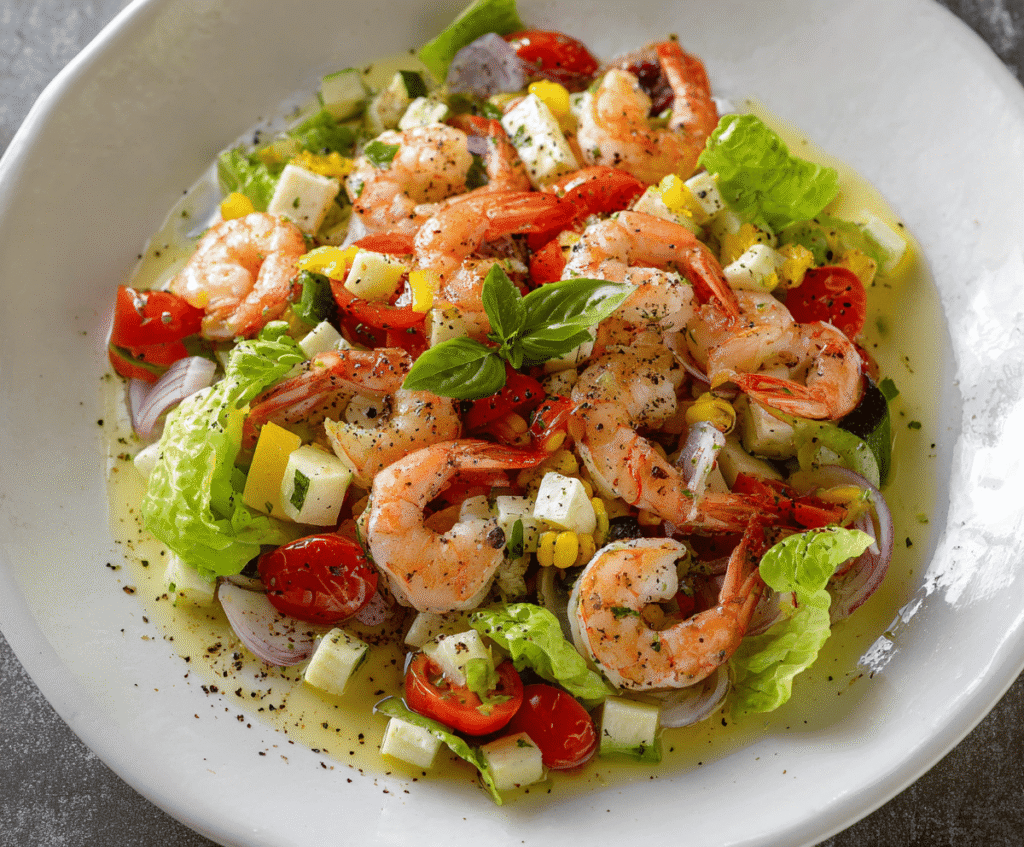 Refreshing Italian Olive Oil Shrimp Salad with fresh vegetables and herbs