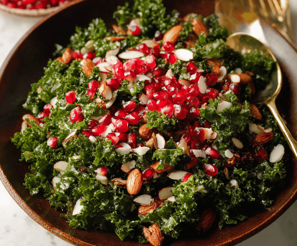 Fresh kale salad with vibrant pomegranate seeds and toasted almonds, featuring a colorful and healthy dish.