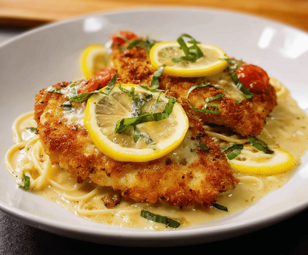 Delicious Lemon Chicken Romano served on a plate garnished with fresh herbs