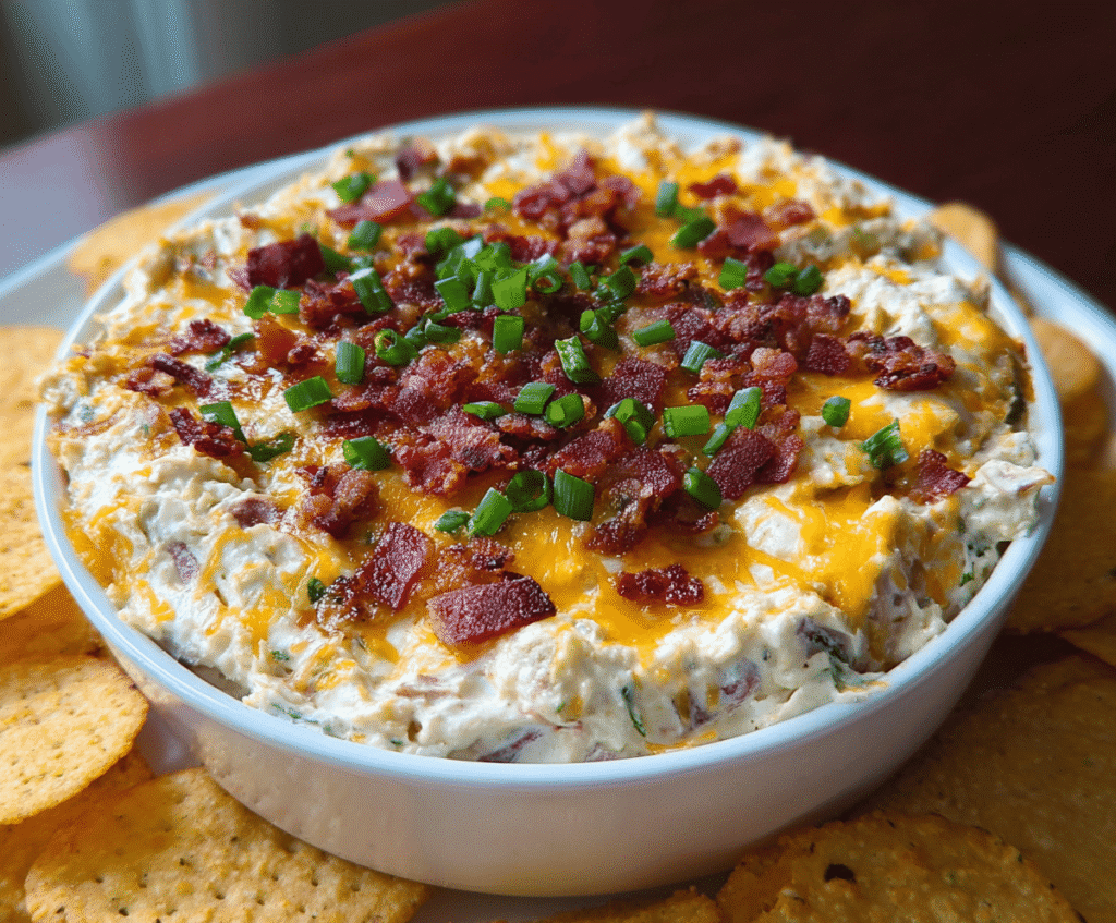 Creamy loaded baked potato dip topped with cheese, bacon, and green onions in a serving bowl.
