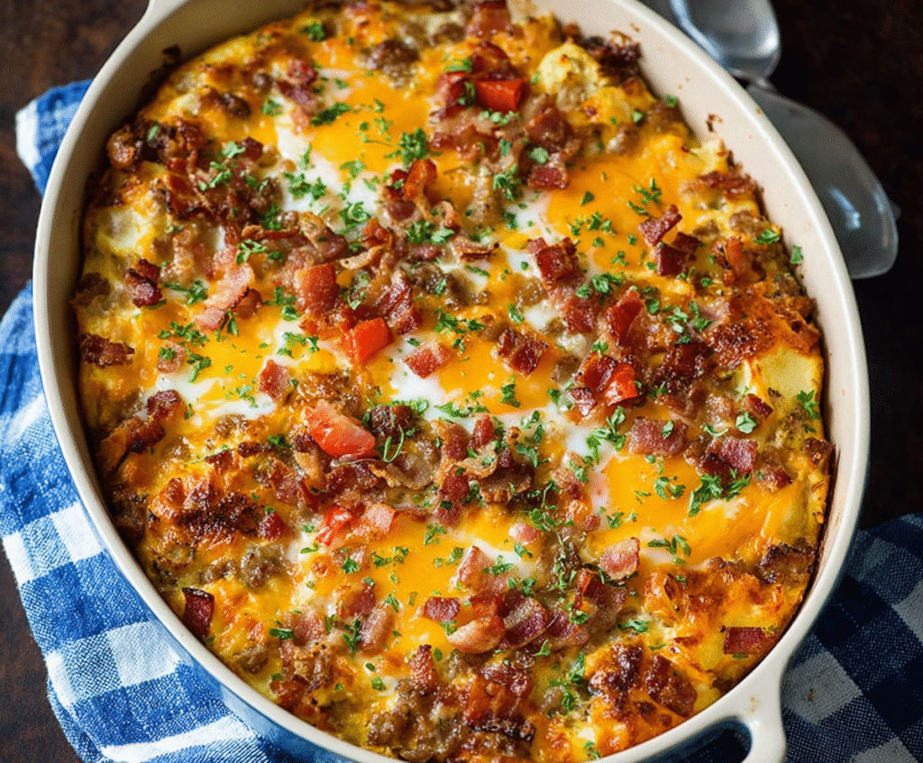 Delicious loaded overnight breakfast casserole with eggs, cheese, and vegetables ready to bake.