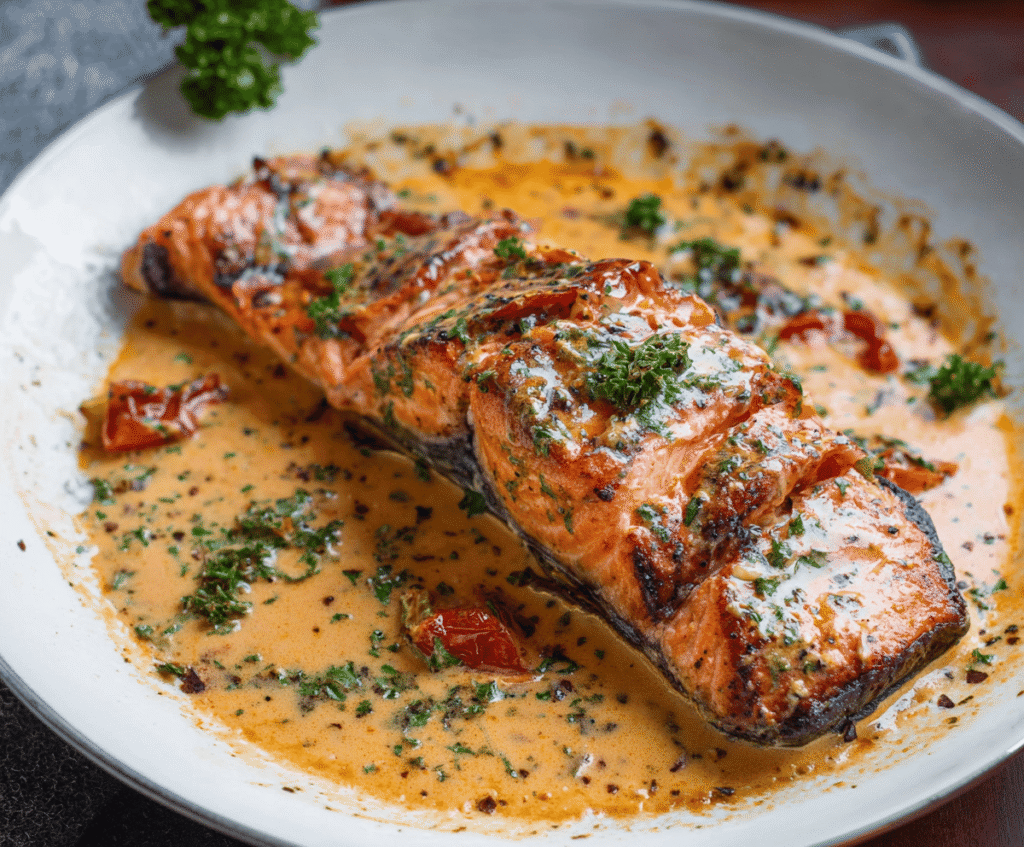 Delicious Marry Me Salmon dish showcasing perfectly cooked salmon with vibrant herbs and sauce.