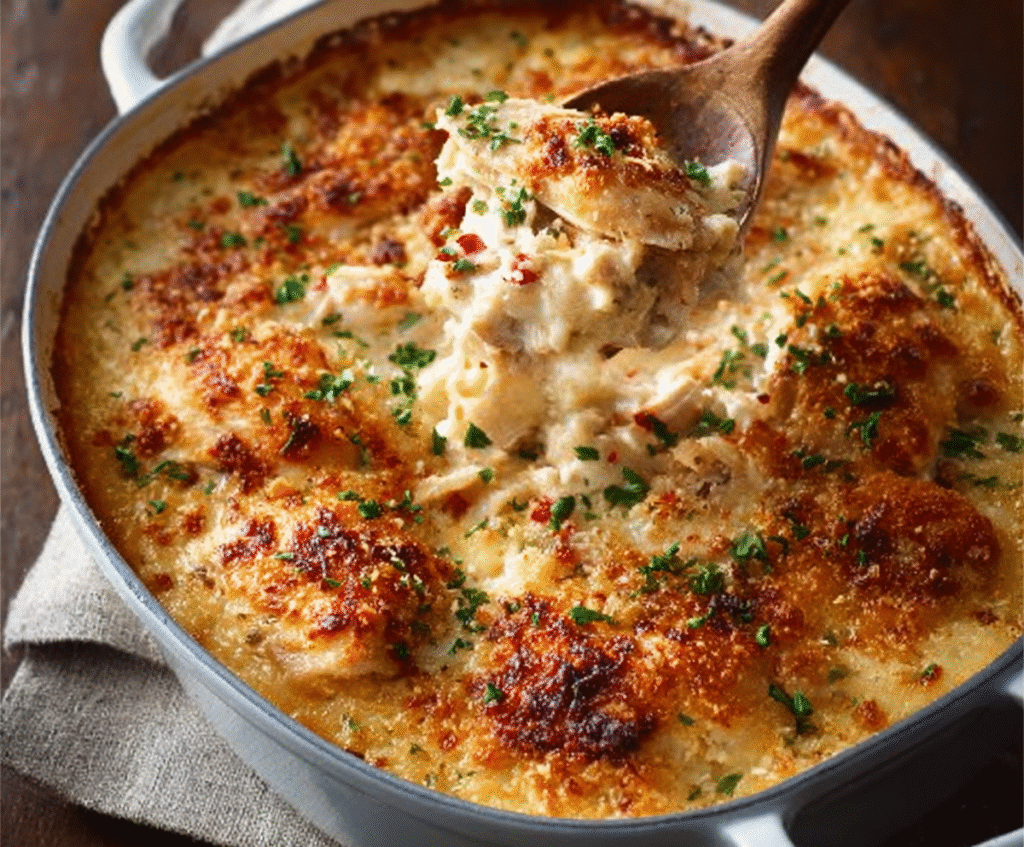 Delicious Neiman Marcus Chicken Casserole with golden cheese and tender chicken served in a baking dish.
